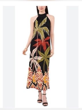 MSK Black Halter Maxi Dress with Tropical Palm & Floral Motif